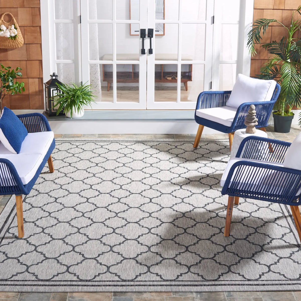 Safavieh Courtyard 6'-7" x 9'-6" Rug in Light Grey / Black