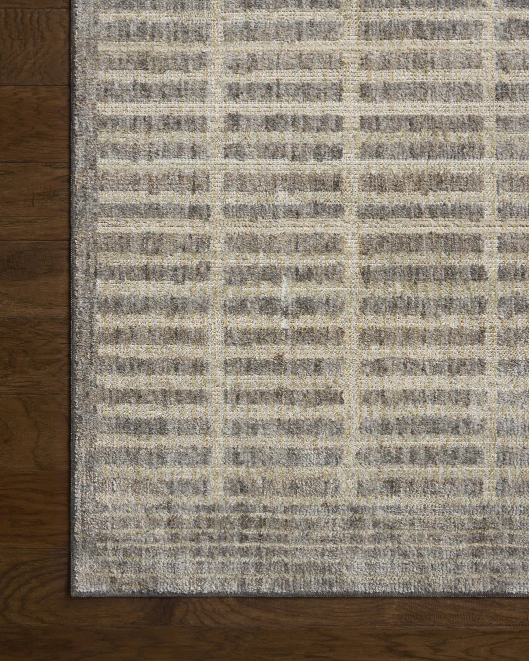 Loloi Roxie ROX-02 Contemporary Power Loomed Smoke, Natural Rug - corner on wood