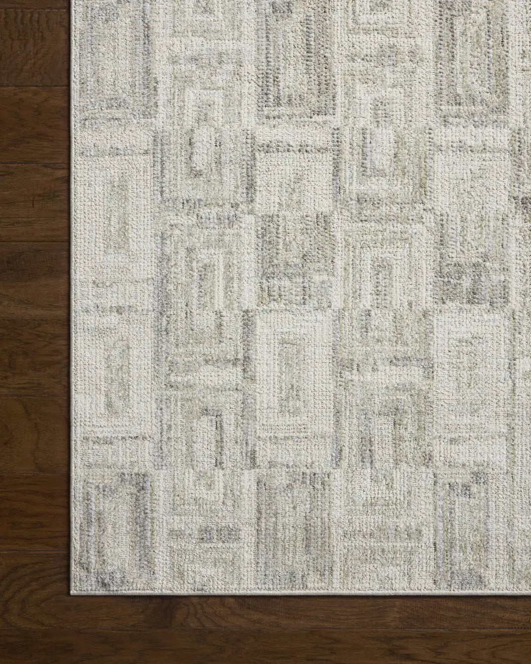 Loloi Roxie ROX-07 Contemporary Power Loomed Bone, Sage Rug - corner on wood