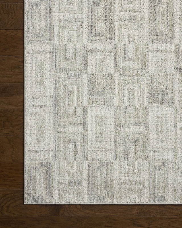 Loloi Roxie ROX-07 Contemporary Power Loomed Bone, Sage Rug - corner on wood