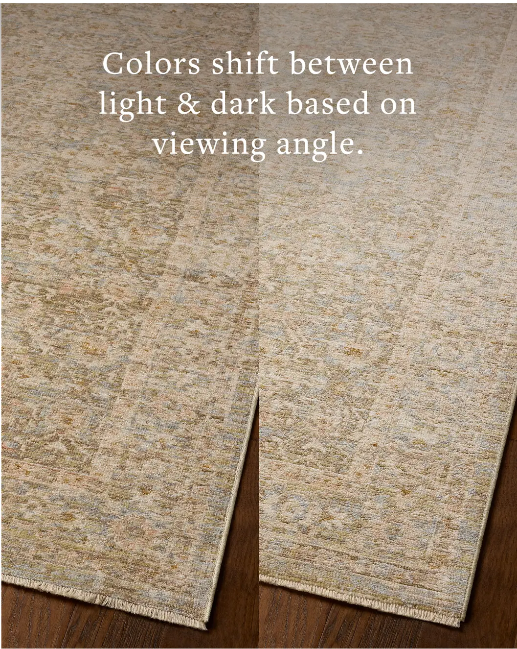 Loloi Elora ELR-05 Traditional Power Loomed Sky, Terracotta Rug - angled corner on wood