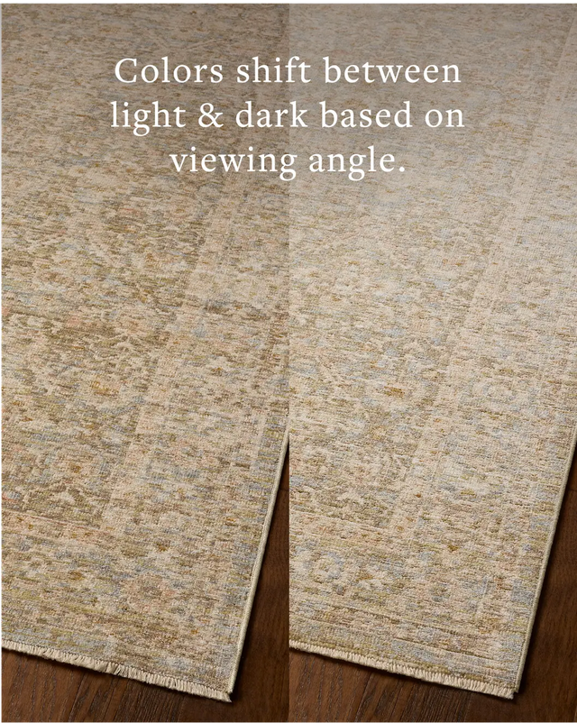 Loloi Elora ELR-05 Traditional Power Loomed Sky, Terracotta Rug - angled corner on wood