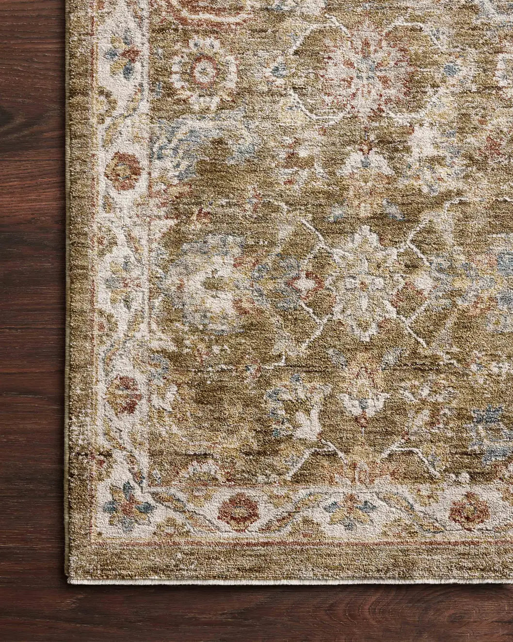 Loloi Gaia Gaa-05 Olive/Multi Rug - corner on wood