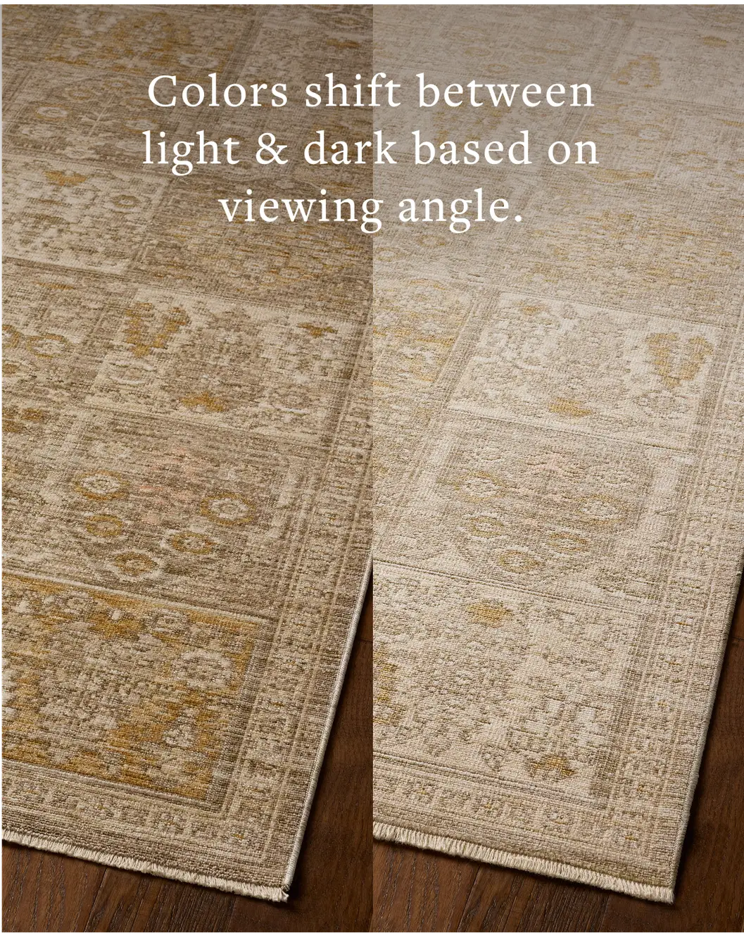 Loloi Elora ELR-07 Traditional Power Loomed Mushroom, Ochre Rug - angled corner on wood