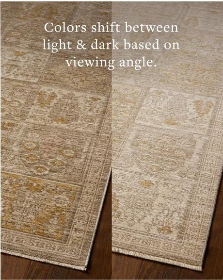 Loloi Elora ELR-07 Traditional Power Loomed Mushroom, Ochre Rug - angled corner on wood