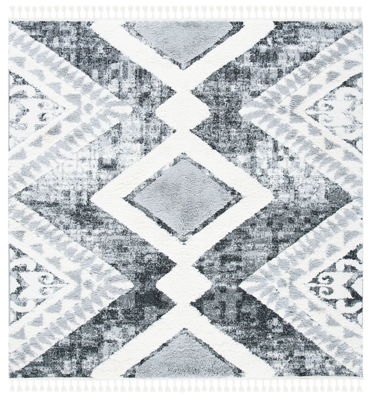 Safavieh Moroccan Tassel Shag 6'-7" x 6'-7" Rug in Grey / Ivory