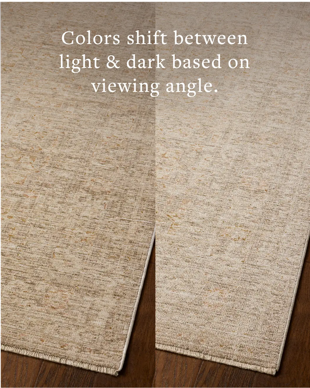 Loloi Elora ELR-03 Traditional Power Loomed Natural, Terracotta Rug - angled corner on wood