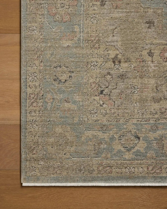 Loloi Briar BRR-01 Sky / Moss Rug - corner on wood