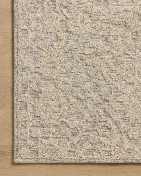 Loloi Prudence PRU-01 Mist / Ivory Hand Tufted Rug - corner on wood