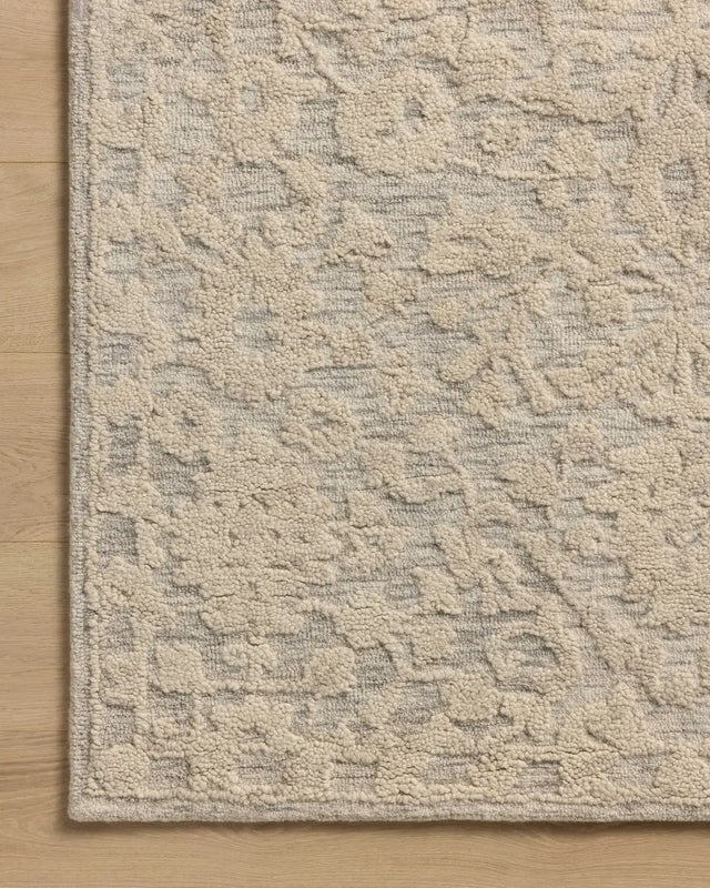 Loloi Prudence PRU-01 Mist / Ivory Hand Tufted Rug - corner on wood