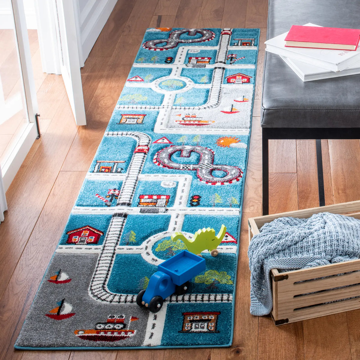 Safavieh Carousel Kids 100 2'-3" x 10'-0" Rug in Turquoise / Ivory