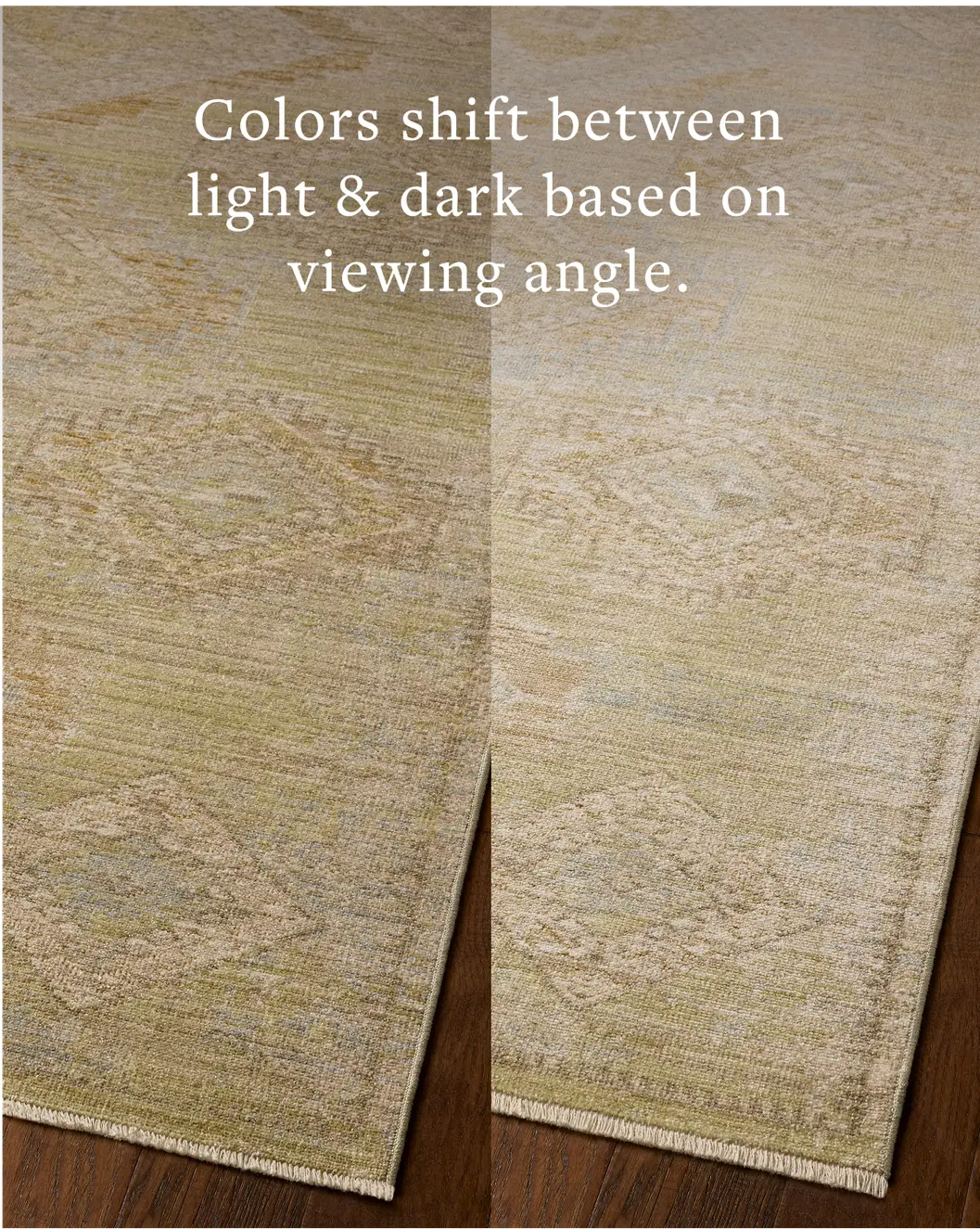 Loloi Elora ELR-09 Traditional Power Loomed Pistachio, Clay Rug - angled corner on wood