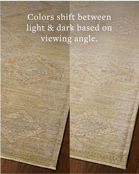 Loloi Elora ELR-09 Traditional Power Loomed Pistachio, Clay Rug - angled corner on wood