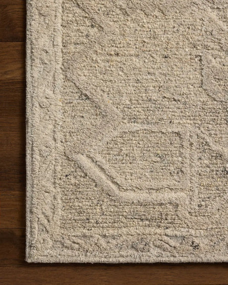 Loloi Mabel MBL-01 Traditional Hand Tufted Pebble, Mist Rug - corner on wood