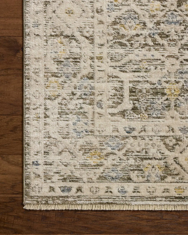 Loloi Clarisse CLS-08 Traditional Power Loomed Olive, Ivory Rug - corner on wood