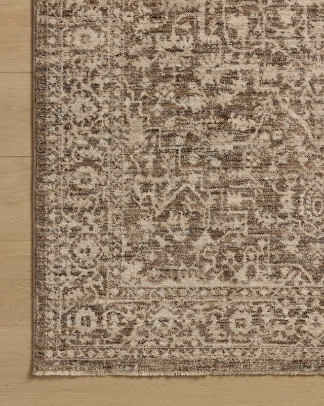 Loloi Newman NEW-02 Dark Taupe / Natural Rug - corner on wood