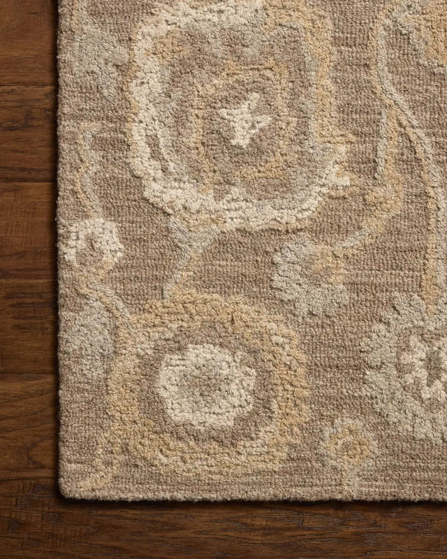 Chris Loves Julia x Loloi Dorothea DRT-01 Bark / Stone Rug - corner on wood