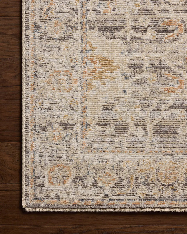 Loloi Milena MLE-05 Charcoal / Apricot Rug - corner on wood