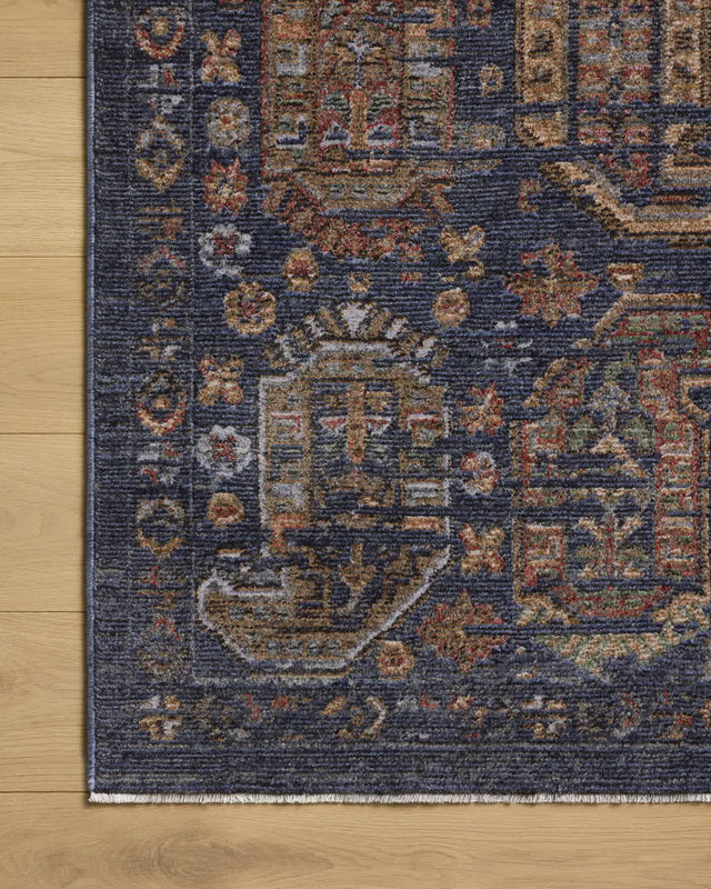 Loloi Winchester WNC-04 Traditional Power Loomed Navy, Multi Rug - corner on wood
