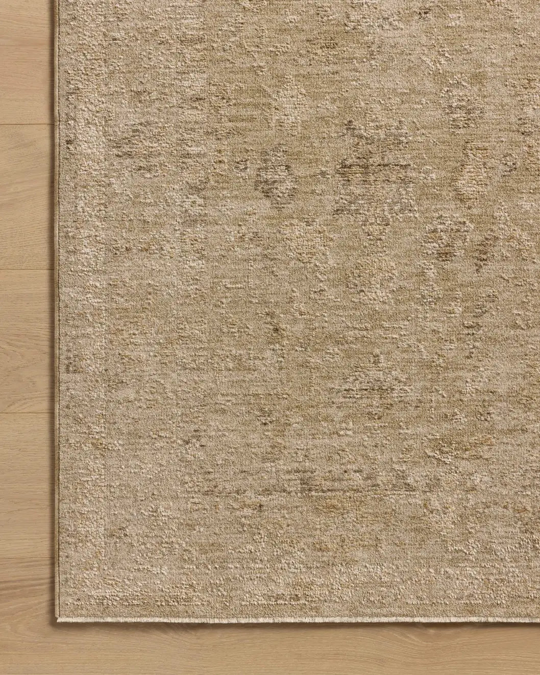 Loloi Willa WIA-08 Wheat / Natural Power Loomed Rug - corner on wood