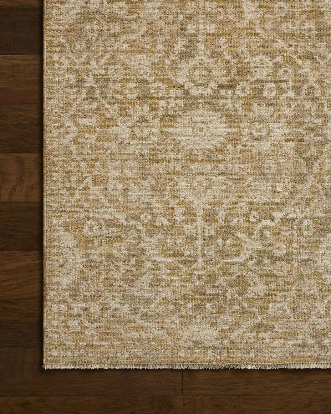 Loloi Elora ELR-06 Traditional Power Loomed Gold Natural Rug - corner on wood