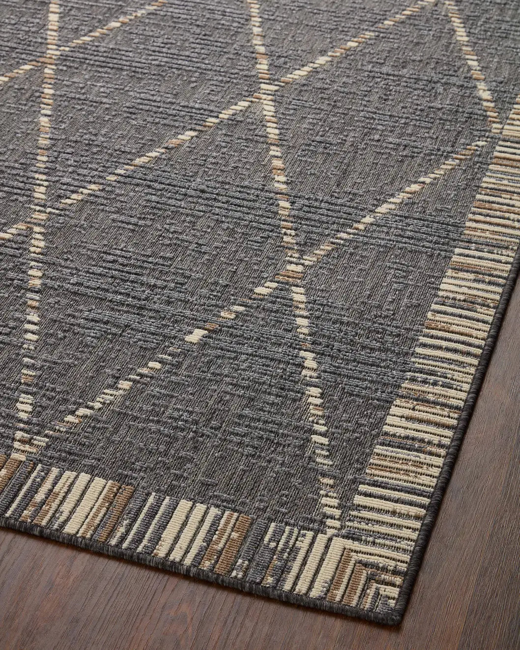 Loloi Rainier Rai-09 Slate/Multi Rug - angled corner on wood