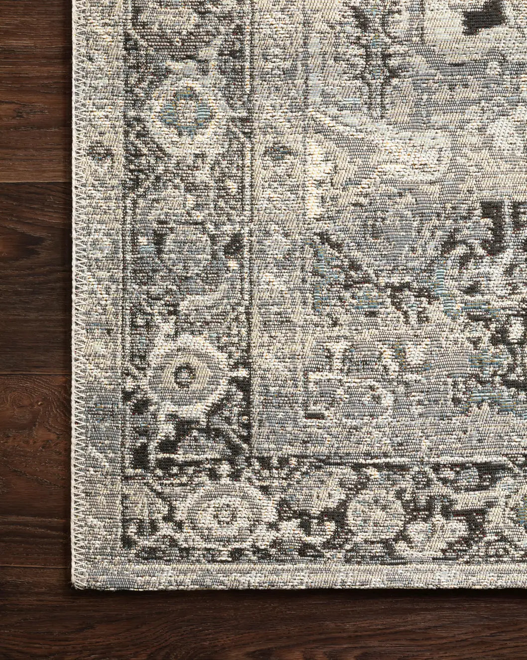 Loloi Mika Mik-01 Grey / Blue Rugs - corner on wood