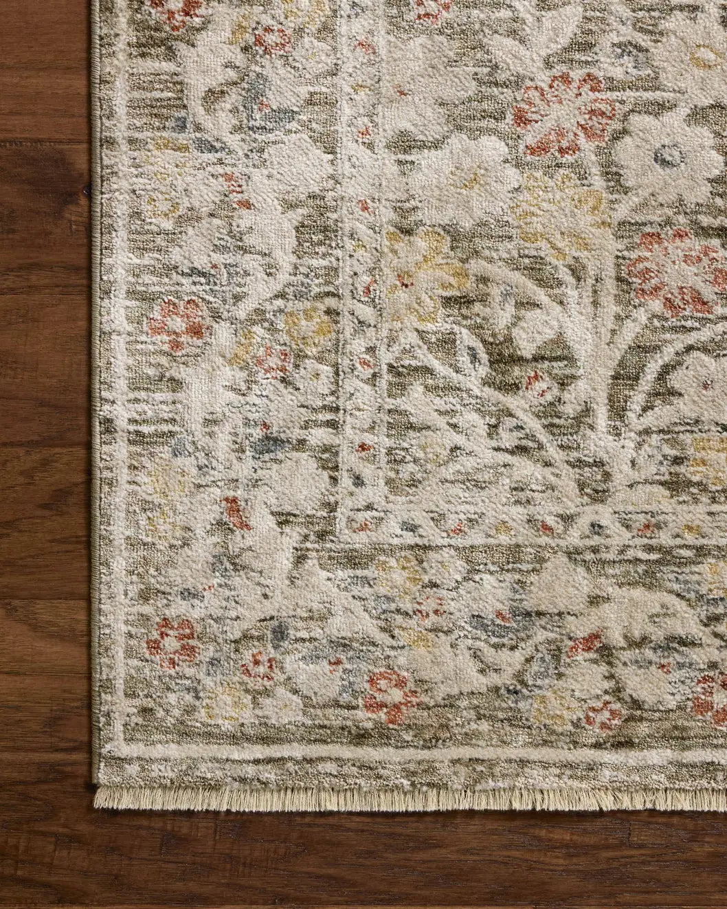 Loloi Clarisse CLS-05 Traditional Power Loomed Olive, Multi Rug - corner on wood