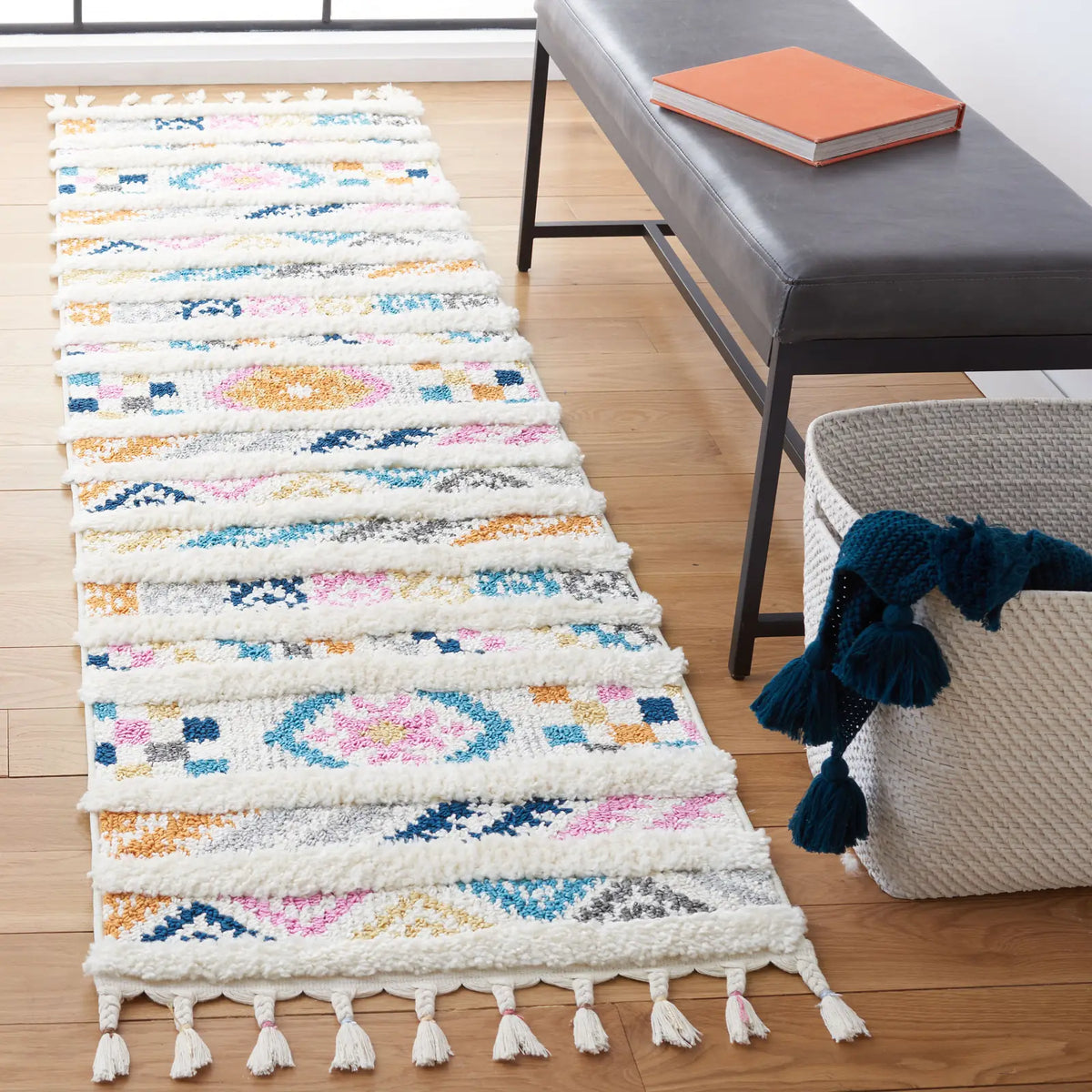 Safavieh Moroccan Fringe Shag 2'-2" x 8'-0" Rug in Ivory / Blue