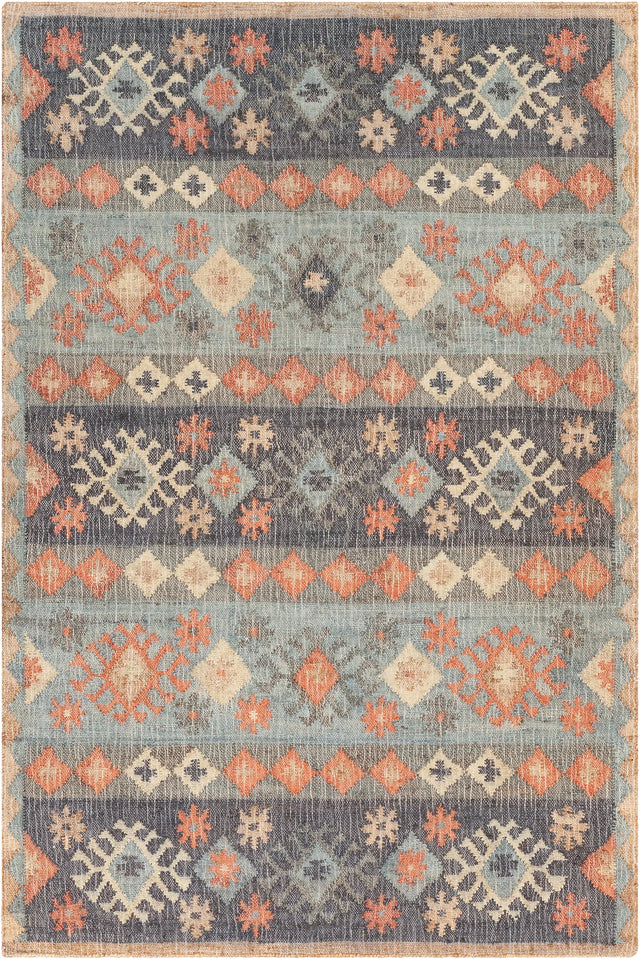 Chandra Ethel ETH-52807 Blue / Gray / Orange / Beige / Black rug, flat view