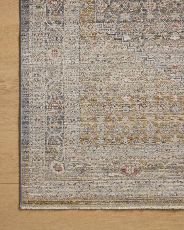 Chris Loves Julia x Loloi Ida IDA-02 Stone / Gold Rug - corner on wood