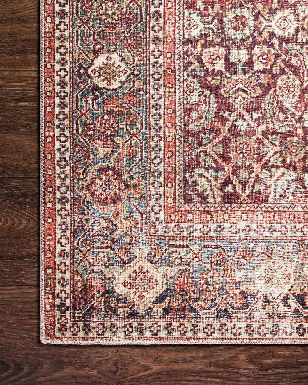 Loloi Layla Lay-11 Cinnamon/Sage Rugs - corner on wood