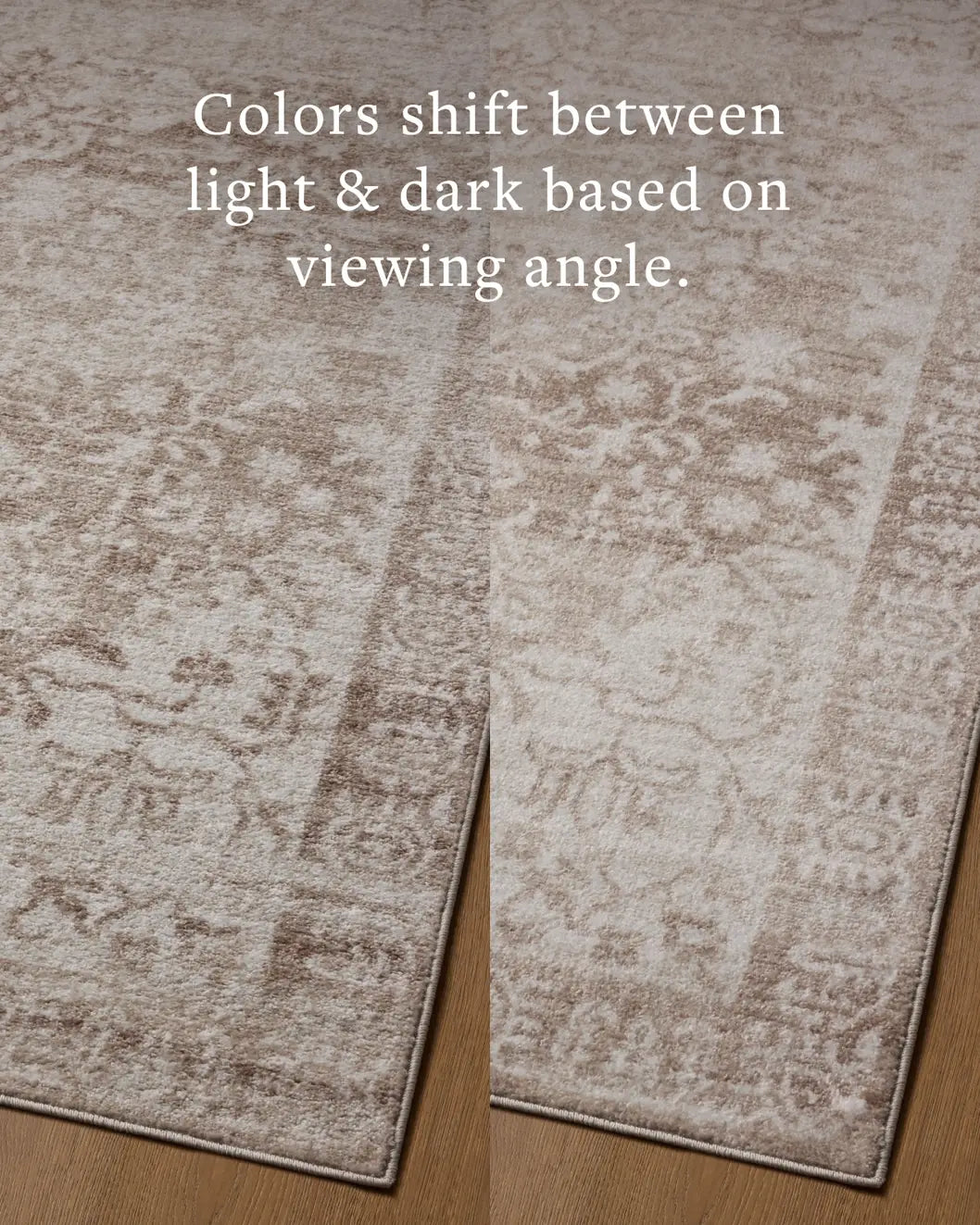 Loloi Lune LUN-05 Taupe / Ivory Rug - angled corner on wood