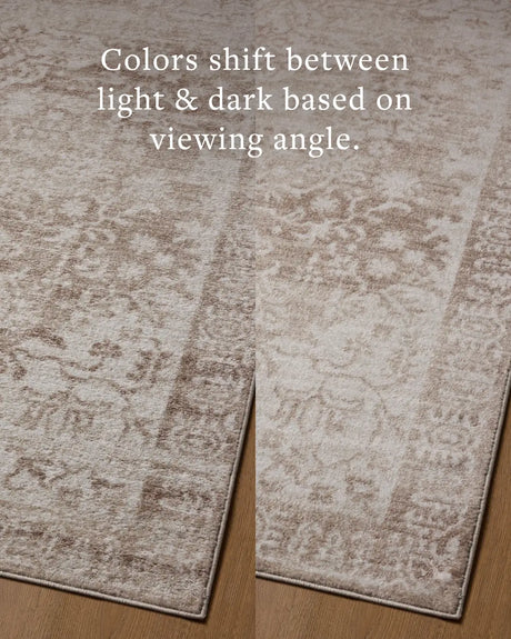 Loloi Lune LUN-05 Taupe / Ivory Rug - angled corner on wood