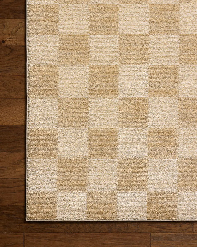 Chris Loves Julia x Loloi Calvin CLV-01 Wheat / Ivory Rug - corner on wood