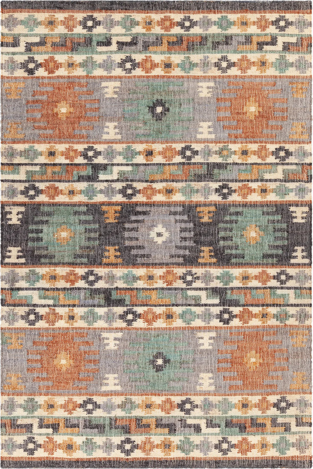Chandra Ethel ETH-52801 Green / Gray / Black / Rust / Gold rug, flat view