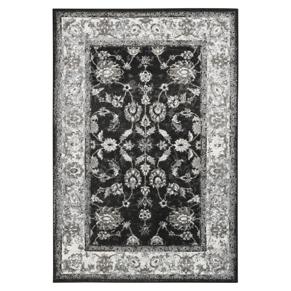 Amer Alexandria Classic Bordered Power-Loom Black/Ivory Area Rug