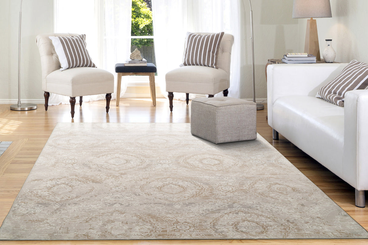 Beige abstract transitional area rug with distressed swirls, rectangular