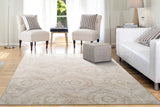 Beige abstract transitional area rug with distressed swirls, rectangular