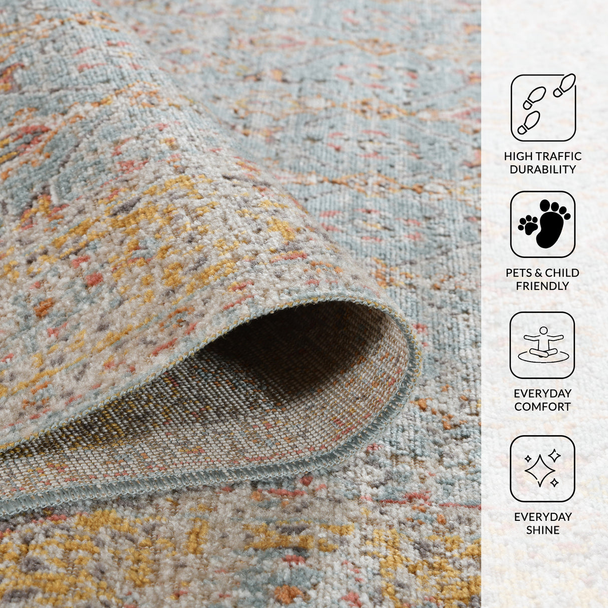 Amer Eternal Farmhouse Bordered Power-Loom Teal/Gold Area Rug