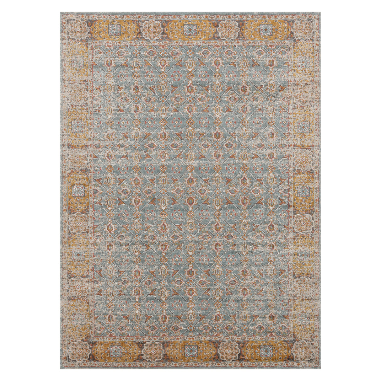 Amer Eternal Farmhouse Bordered Power-Loom Teal/Gold Area Rug