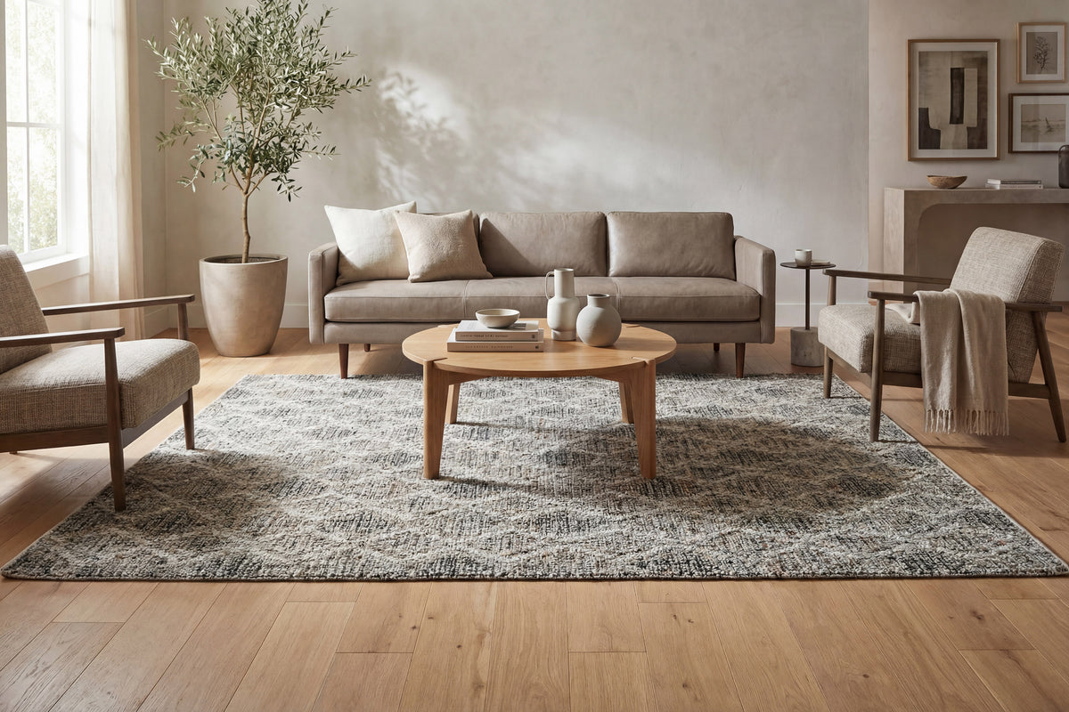 Modern rectangular rug with grey and beige woven pattern