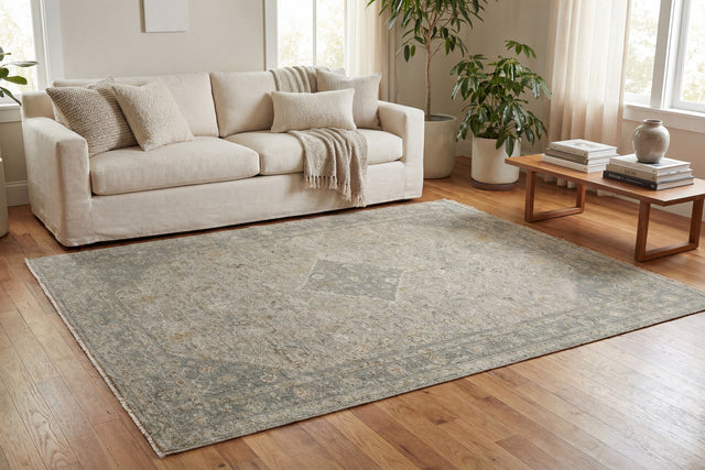 Rectangular traditional area rug in grey with ivory accents, flat woven design