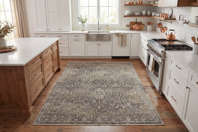 Transitional rug, rectangular, brown beige and white with ornate central medallion