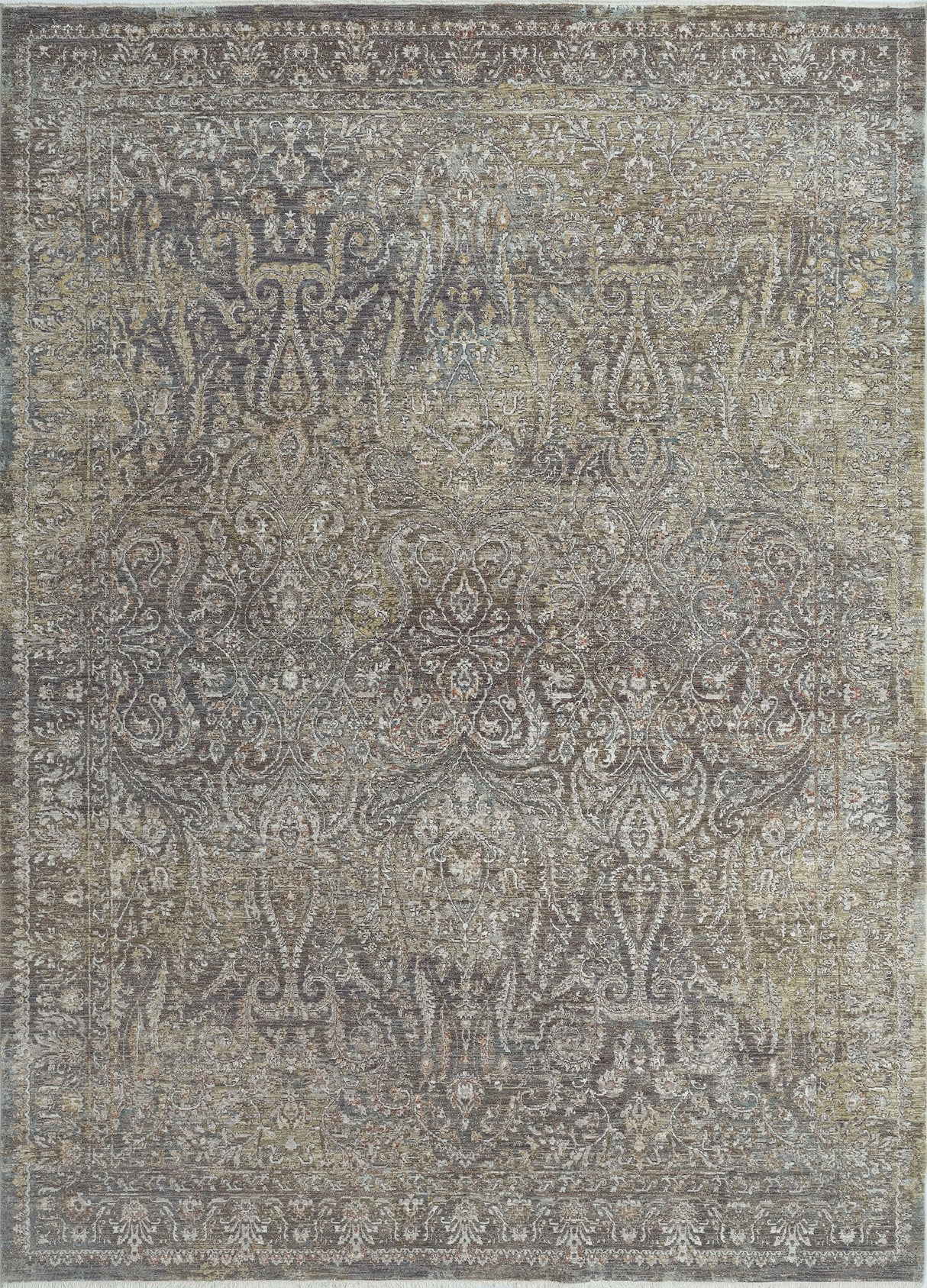 Close-up transitional rug with detailed scrollwork pattern in gray, beige, and cream