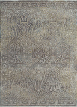 Close-up transitional rug with detailed scrollwork pattern in gray, beige, and cream