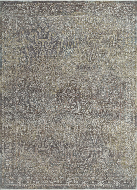 Close-up transitional rug with detailed scrollwork pattern in gray, beige, and cream