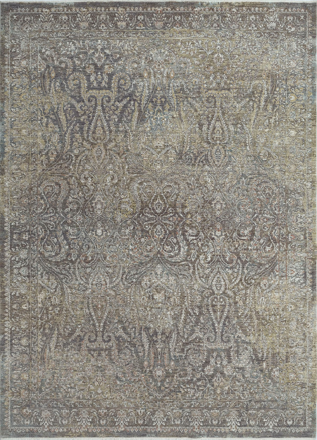Close-up transitional rug with detailed scrollwork pattern in gray, beige, and cream