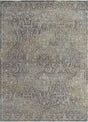 Close-up transitional rug with detailed scrollwork pattern in gray, beige, and cream