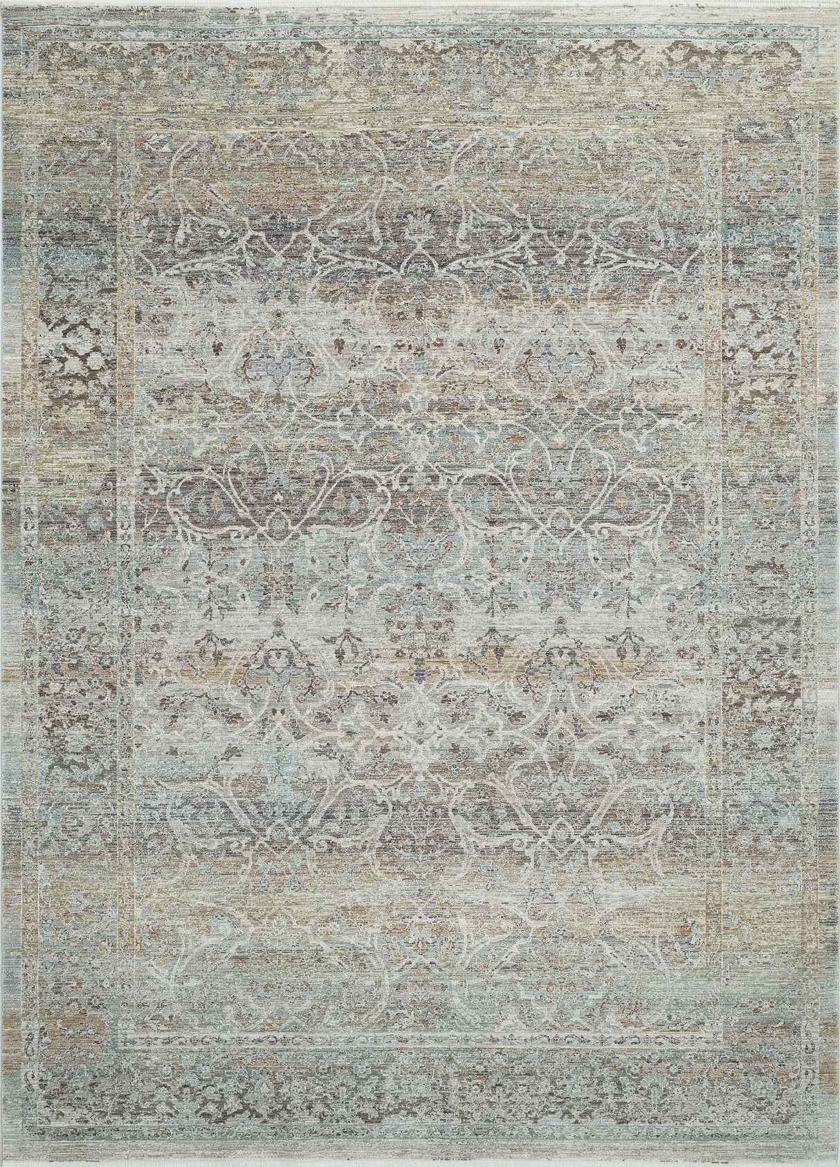 Transitional area rug with ornate medallion distressed pattern in beige and muted blue